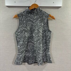 White House Black Market Silver Rose Jacquard Peplum Top Size Medium